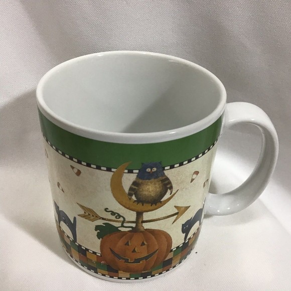 Debbie Mumm Halloween Weather Vane Pumpkin Owl White Black Cat Sakura Mug - Picture 2 of 7